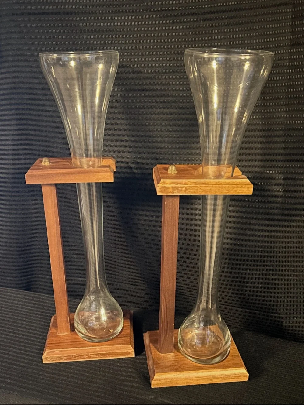 Vintage Pair Half-Yard Ale Beer Glasses w/ Wooden Stands